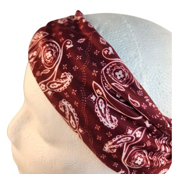 Burgundy Paisley Knit Headwrap Hairband Soft Stretchy Headband Fabric Unisex Swe - Picture 3 of 5